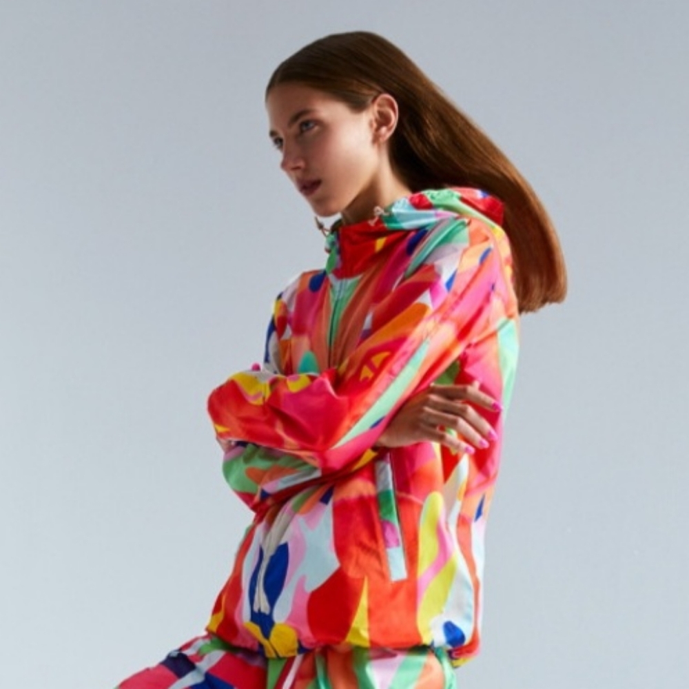 Ace Nayman Retro Abstract Hooded Elasticized Windbreaker Sz L multi